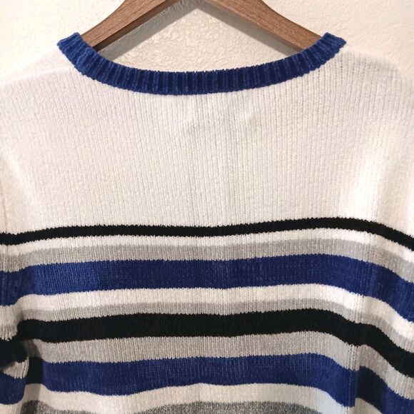 Alfred Dunner Chenille Stripe Beaded Sweater Sz L Blue White Black Gray Crewneck - Picture 7 of 11